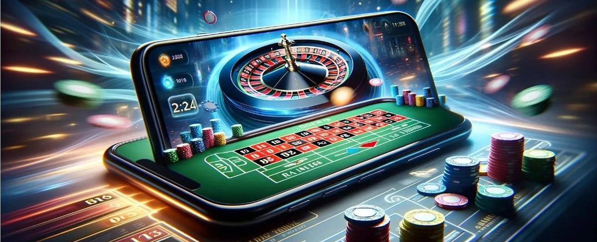 Dynamic online casino background with bright lights and a focus on registration